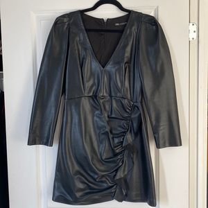 Black Vegan Leather Ruched Mini Dress